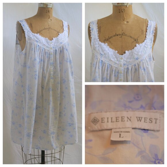 Eileen West Other - EILEEN WEST Blue Floral Cotton Prairie Victorian Nightgown Dress Cottagecore L